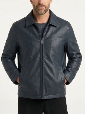 Dockers Men's Vegan Faux Leather Stand Collar Jacket Dark Navy Blue Zip Front